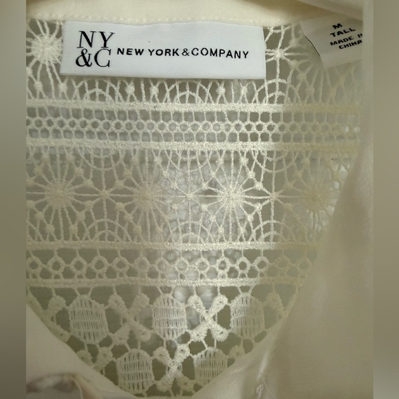 New York & Company Cream Lace-Yoke Ruffle Blouse - Picture 2 of 5